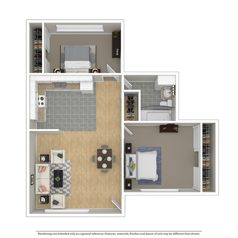 Floor plan for 2 beds, 1 bath, 835 sqft